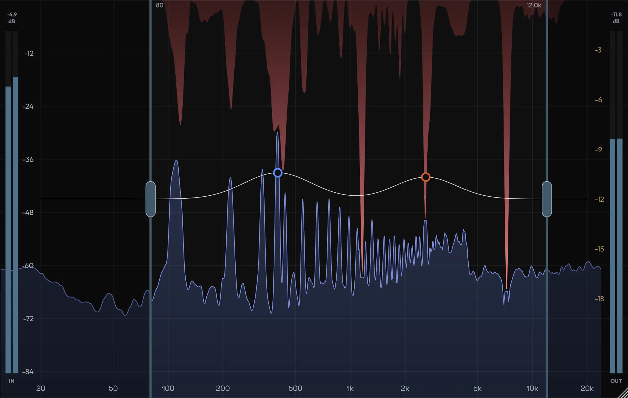 Quance graph on a piano, showing the blue output spectrum, the red gain-reduction overlay, two focus points and the detection range handles