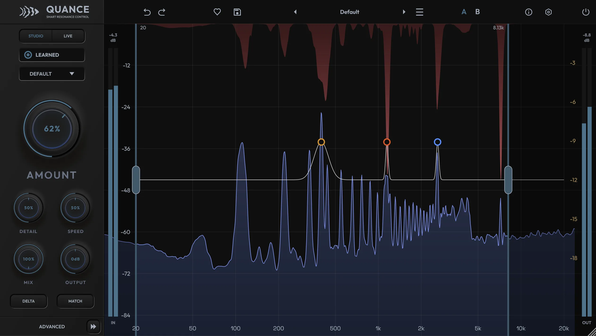 Quance after a Learn pass, showing LEARNED on the side panel, focus points placed on the detected resonances and the detection range narrowed around them